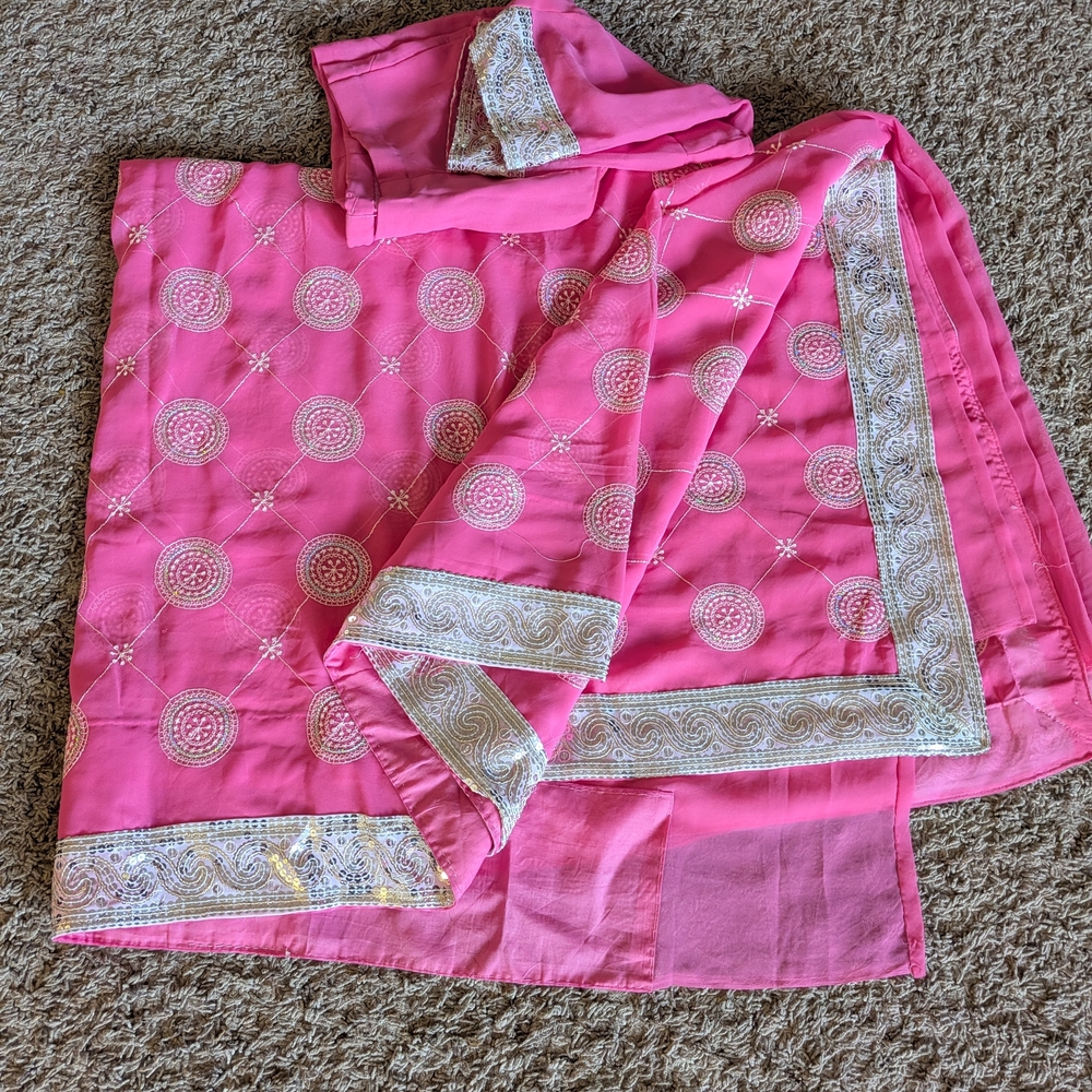 Embroidered Pink Chiffon Saree with Silver Border